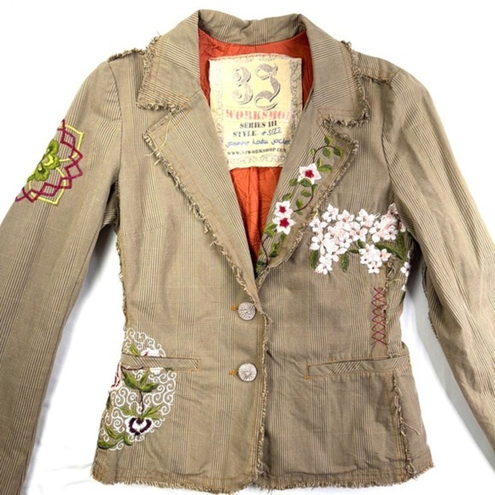 Vtg. Y2K Small‎ Johnny Was 3J Workshop Distressed Embroidered Houndstooth Blazer - Picture 7 of 9